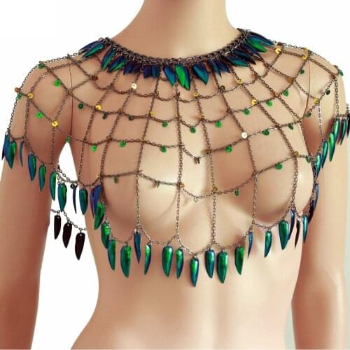 Beetle Wings Hollow Out Sleeveless Woman Cape Coat Sexy Club Tops Chain Bra Sequins Necklace Holiday Vocation Party Outwear