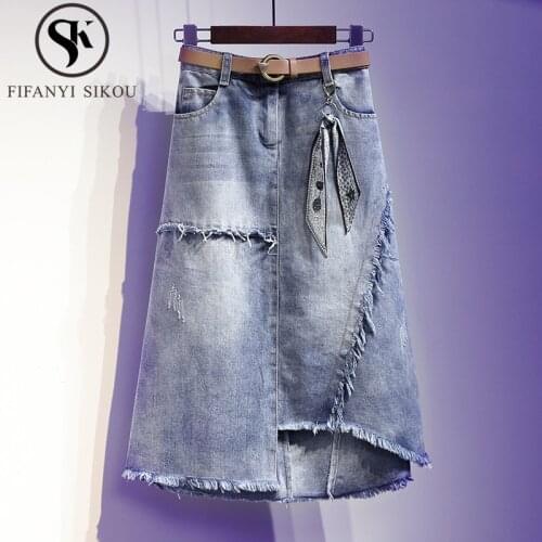 Womens Plus Size 5XL Blue Denim Skirt Fashion Casual High Waist Skirts Women 2020 Spring Summer Mid Long Jean Skirts With Belt