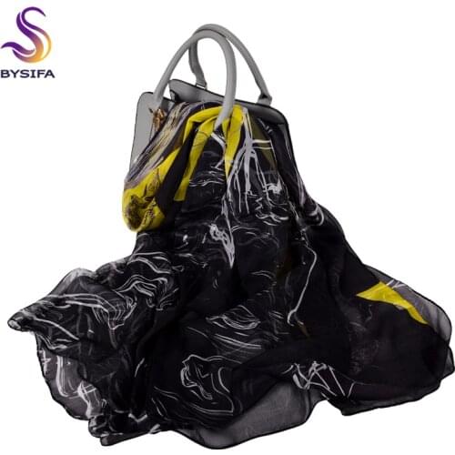 [BYSIFA] Black Yellow Pure Silk Scarf Shawl Brand Spring Long Scarves Ladies Summer Utralong Beach Shawl Winter Scarves180*110cm