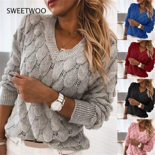 2021 Fashion Trend Women Knitted Sweater Autumn Winter Hollow Out Feather Pattern Long Sleeve V-Neck Pullover Casual Tops