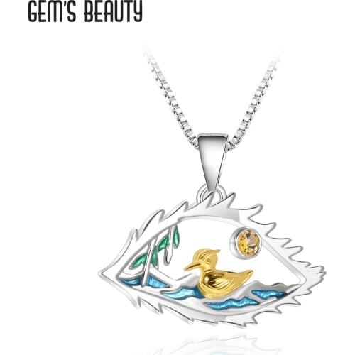 GEMS BEAUTY 925 Sterling Silver Angel Eyes Necklace Duck Natural Round Cut Citrine Handmade Necklace For Women Romantic Gift