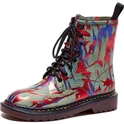 Winter Mixed Colors Round Toe Cross Tied Platform Women Boots Handmade Genuine Leather Ankle Boots Wedges Zipper Women Shoes