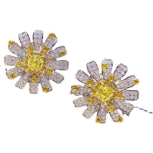 100% 925 Sterling Silver Simulation Moissanite Citrine Gemstone Flower Ear Stud Earrings White Gold Color Fine Jewelry