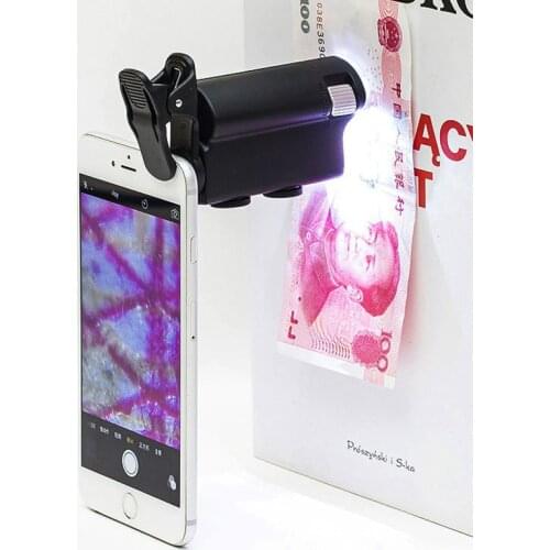 60-100 Times Universal Mobile Phone Clip Magnifying Glass Portable HD Microscope with LED Light UV Money Detector Light