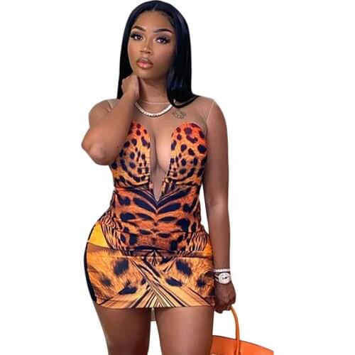 Adogirl Sexy Leopard Sheer Mesh Patchwork Mini Dress For Women Sleeveless Bodycon Night Club Party Short Vestidos 2021 Fashion