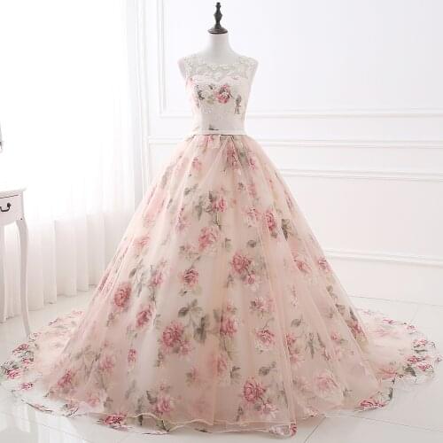 Ball Gown Illusion Neck Chapel Train Satin / Tulle Floral / Pink Formal Evening / with Beading / Appliques / P