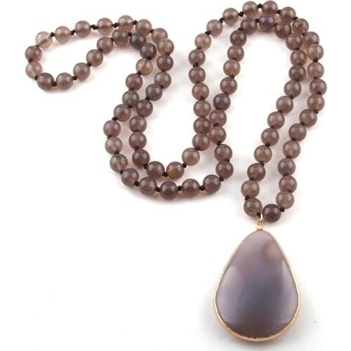 Free Shipping Fashion long Knotted Stone Gray Drop Pendant Necklaces Women Ethnic Necklace