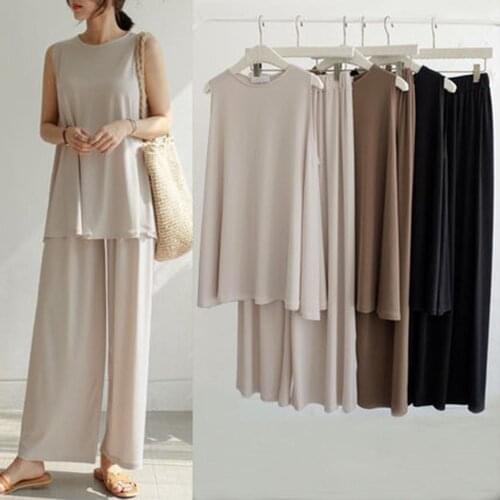 Two Pieces Set Plain Casual Wide Leg Pants Ladies Fashion Round Neck Fashionable Sleeveless Shirt Solid Comfortable Trousers New