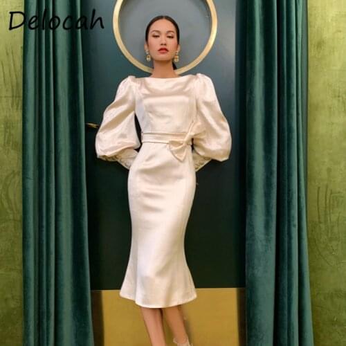 Delocah Summer Women Fashion Designer Party Midi Dress Bow Sashes Lantern Sleeve Solid Printed Elegant Bodycon Ladies Dresses