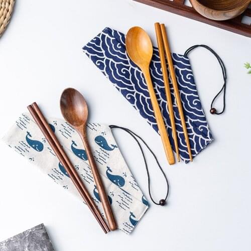 Wooden chopsticks spoon fork set cloth bag and tableware spoon chopsticks set dinnerware set cutlery set bamboo cutlery