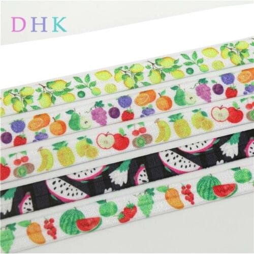 DHK 5/8'' 10yards fruits lemon printed Fold Elastic FOE stretch ribbon hairbow headwear headband DIY OEM B1786