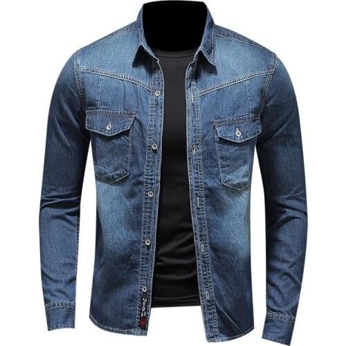 Spring Summer Vintage Long Sleeve Denim Shirt Mens Casual Slim Fit Cowboy Jeans Shirt Thin Fashion Letter Embroidery Men Tops