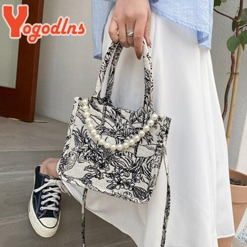 Yogodlns Pearl Embroidery Canvas Handbag Women Large Capacity Handle Bag Fashion Shoulder Bag Shopping Lady Totes Brands Pouch