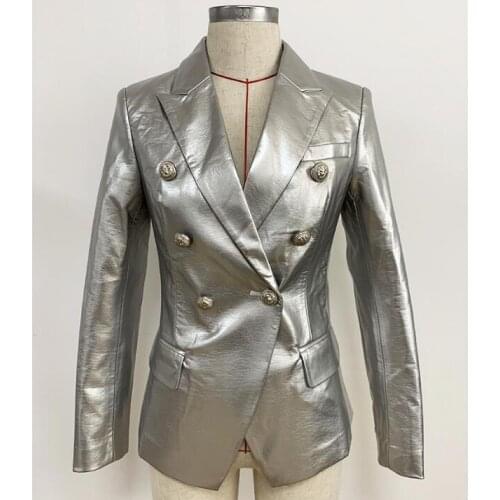 Classic Style Silver Color Faux Leather Blazers and Jackets 2020 New Women Autumn Winter Double Breasted PU Jacket Coat Tops