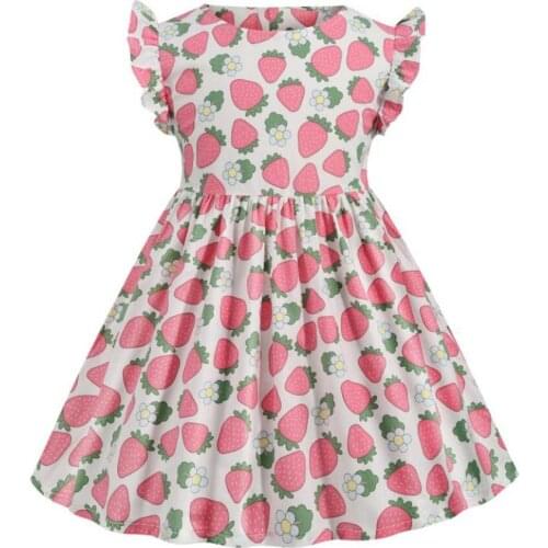 Baby girl summer sweet strawberry printed dress kids casual flying sleeve a-line princess dress