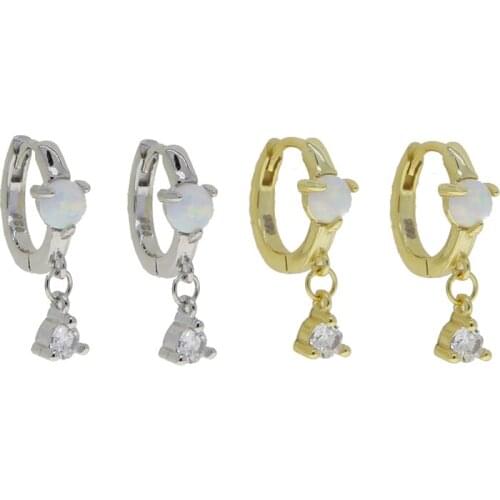 Minimal Delicate White Fire Opal Stone Clear CZ Drop Charm 925 Sterling Silver Geometric Round Circle Hoop Earring For Women