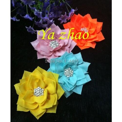 3" Fasthion fabric flower with Sparkle rhinestone button, hair accessory, 60pcs/lot, mixed 12colors, free shipping