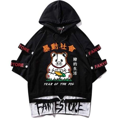 Year of pig Hooded T Shirts Ribbon Short Sleeve tshirt Oversize top tee Streetwear sport skate homme tees wholesale men clothes