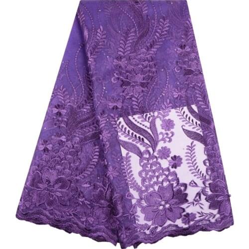 Latest Purple French Lace Fabric 2019 High Quality Tulle Lace With Beads Embroidered African Lace Fabric For Party Dresses S1553