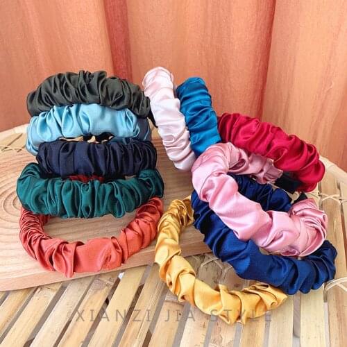 New Solid Color Satin Headband for Women Plicated Fabric Hair Hoop Bands Bezel Elasic Hairband Cute Girls Hair Accesories