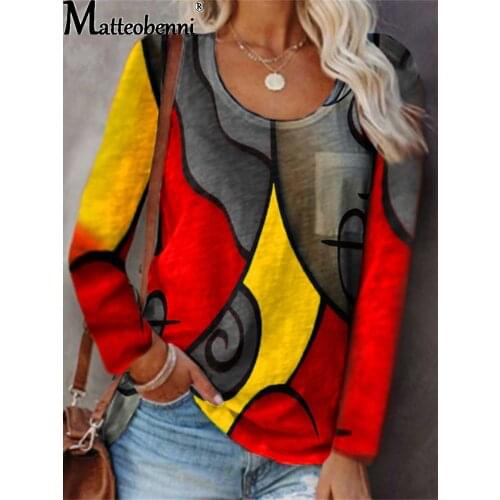 2021 Spring And Autumn New Womens Casual Loose O Neck Long-Sleeve T-Shirt Plus Size Color Matching Blouse Ladies Streetwear Top