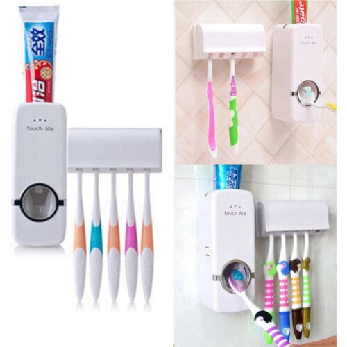 New Auto Automatic Toothpaste Dispenser+5 Toothbrush Holder Set Wall Mount Stand