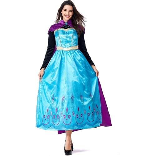 New Snow Queen Costume for halloween Adult Womens Anna Princess Coronation cosplay With Cloak Movie Frozen women Fancy dress