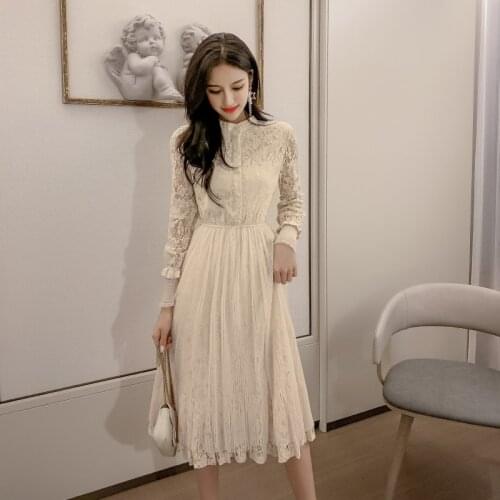 2020 Autumn Winter Lace Dress Warm Winter Thick Plush Bottoming Dress Vintage Long Sleeve O Neck Korean Style Slim Fit Vestidos