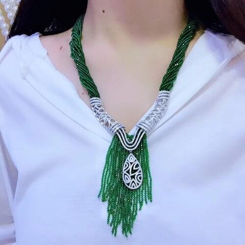 Green color natural semi-precious stone necklace 925 sterling silver with cubic zircon tassels fine women jewelry for party