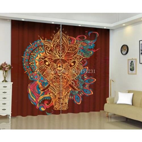 Elephant Pattern Printed Perforated Blackout Curtains for Living Room and Bedroom Curtains Blackout 90% Bohemian Colorful