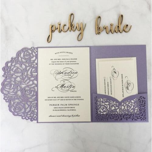 Wedding Invitation Cards with Envelope Laser Cut Invitations for Purple Theme - Set of 50 pcs