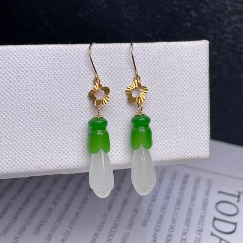 SHILOVEM 18k yellow gold real Natural white Jasper drop earring classic fine Jewelry women wedding gift 8*21mm myme0821666hby