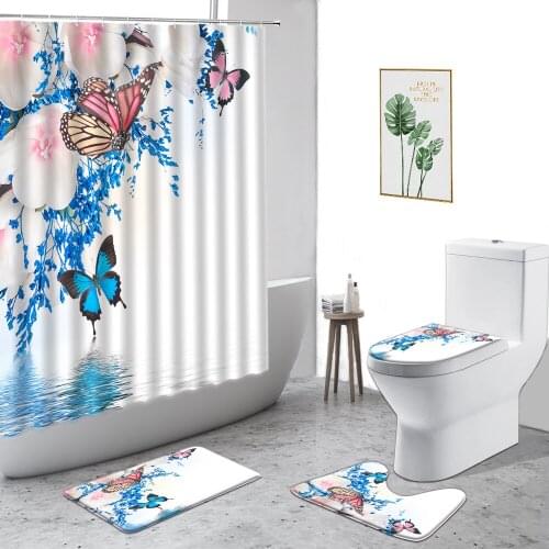 Blue Butterfly Shower Curtain Flower Plant Color Rose Tulip Bathroom Set Non-Slip Carpet Toilet Cover Bath Curtains With Hooks