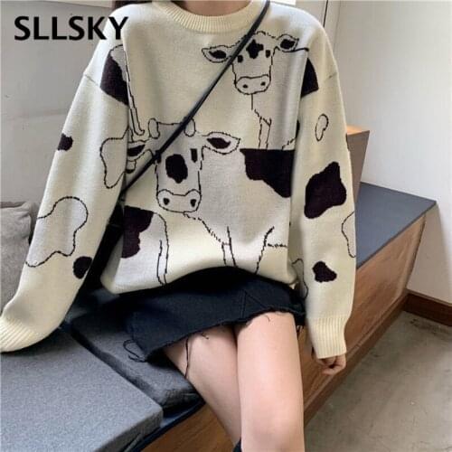 Sllsky Vintage Casual Loose Lazy Cow Color Matching Sweater Female Korean Harajuku Womens Sweaters Cute Ulzzang Clothing