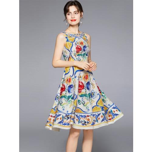 Runway Blue and White Porcelain Floral Tank Dress Womens Sleeveless O Neck Vest Flower Print Holiday Beach Midi Party Vestidos