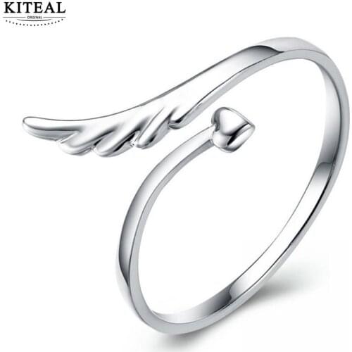 KITEAL New Fashion Jewelry Argent Plated Silver Angel Wings simple Style Wedding Ring for Women resizable Ring Heart
