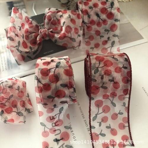 5meters Cherry Printed Organza Stain Ribbon for DIY Crafts Hair Accessories Gift Box Packaing Materials Clothing Trims