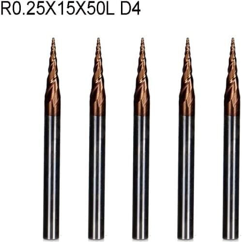 5pcs/lot R0.25*D4*15*50L*2F HRC55 Tungsten solid carbide Coated Tapered Taper Ball Nose End Mill cone mill cnc milling cutter