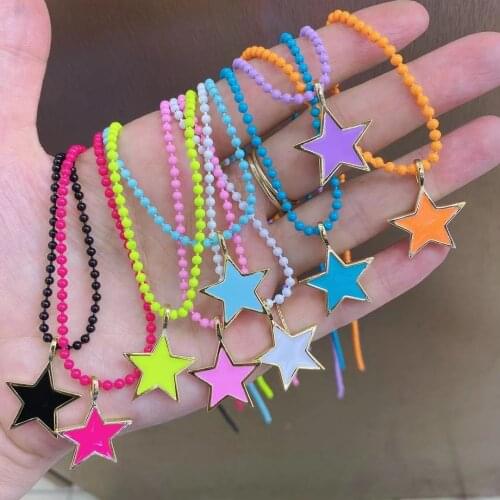 5PCS, Fashion Enamel Star Pendant Necklace Color High Quality Bead Ball Chain Choker Necklace Romantic Jewelry