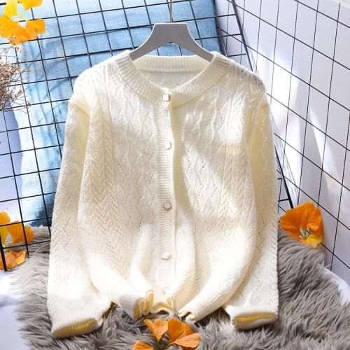 White Hollow Out Knitted Women Sweater Cardigan Autumn Winter Solid O-Neck Elegant Office Lady Outwear Tops