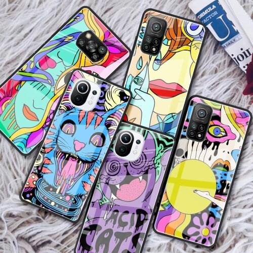 Tempered Glass Case For Xiaomi Mi Poco X3 NFC 10T Pro Note 10 Lite 9T 11 CC9 F3 Luxury Phone Cover Shell Psychedelic Trippy Art