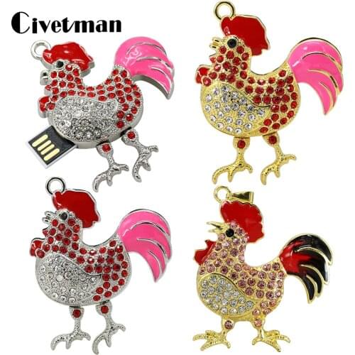 Pendrive Cock Jewelry Crystal Chicken USB Flash Drive 4GB 8GB 16GB 32GB 64GB 128GB 256GB Cle USB Memories Pen Drive Memory Stick