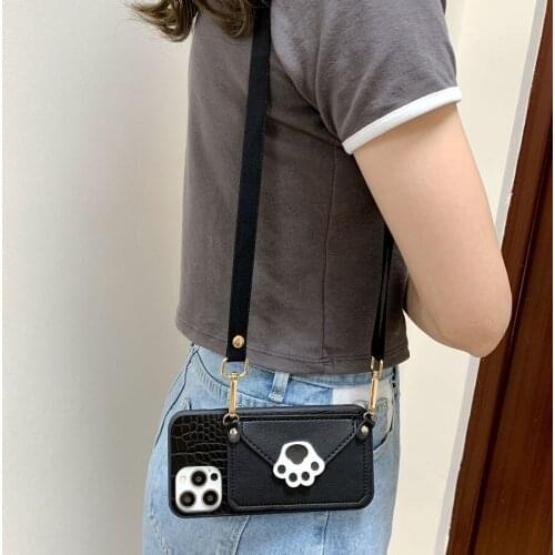 Cat Paw Wallet Neck Shoulder Strap Snake PU Leather Cases For Samsung Galaxy S21+ A51 A71 A01 A31 A11 A81 A21S A32 A42 Lanyard