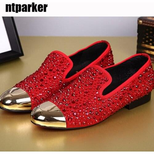 Red Slip-on Mens Shoes Rhinestones Decoreation Metal Toe Mens Dress Shoes Leather Casual/Wedding/Party Shoes Men