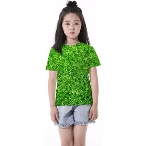 Girls 3-10 Y Summer O-neck Short Sleeve 3D Digital Print Green Grassland Pattern T-shirt Fashion Korean Style Girls T-shirts