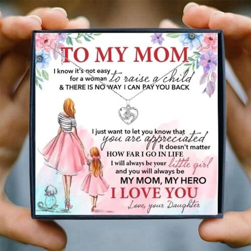 To My Mom Gift Necklace Women Heart Necklaces Girly Heart Crystal Pendant Necklace for Women Birthday Womens Day Gifts Card Box