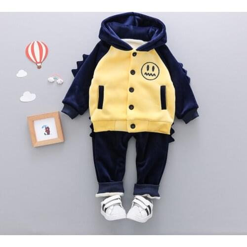 Cute Baby Boys Winter Clothes 3PCS Suit For Toddler Boy Girl Cartoon Smile Printed Kids Hooded Velvet Set Clothing 1 2 3 4 Years
