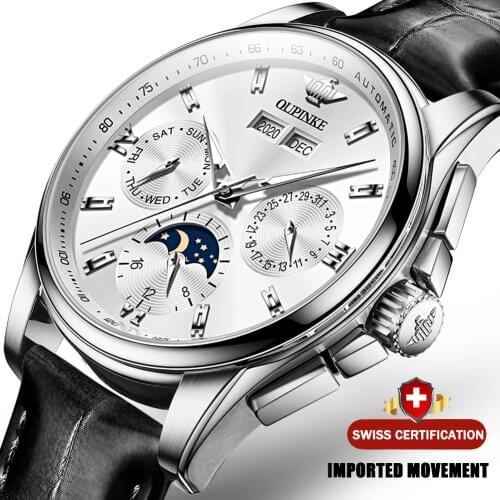 OUPINKE Siliver Men Automatic Watch Moon Phase Luxury Mechanical Wristwach Sapphire Glass 50M Waterproof Mens Watches 3189