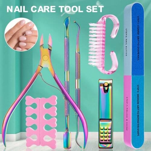 Rainbow Nail art kit Clipper Manicure Tool Set Stainless Steel Cutter Scissors Cuticle Pusher Pedicure Remover Dead Skin Tools