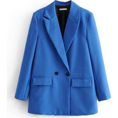 Autumn Winter Womens Fashion Europe and America Blazer Jacket Casual Solid Color Double-Breasted Pocket Decorative Coat S M L